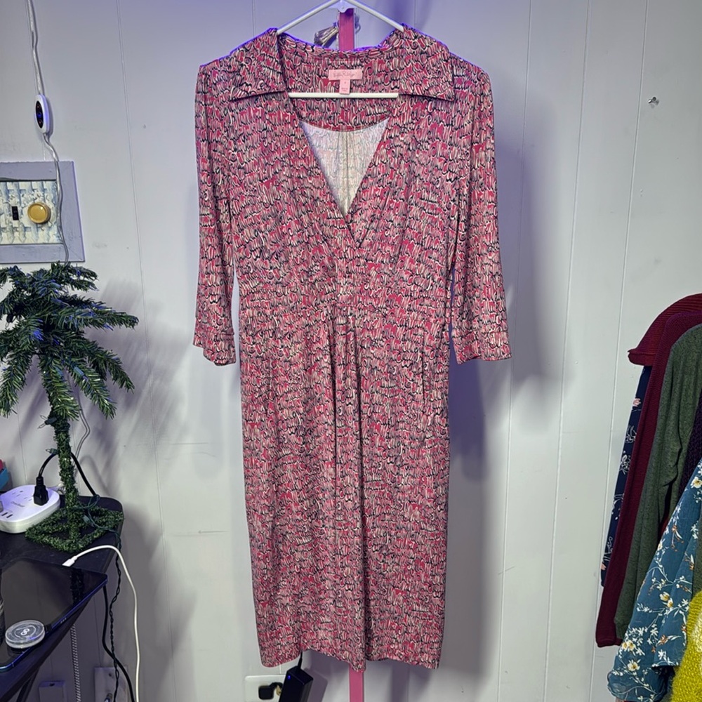 Lilly Pulitzer 100% Silk Pink Black Long Sleeve Dress Size 8 NWOT